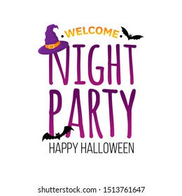 Halloween party text isolated on white. Holiday design element decorated with witch hat and bats.