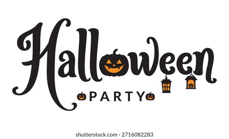 Halloween party text with pumpkins and lanterns in black and orange jack-o'-lantern vector art illustration design template isolated on a white background.