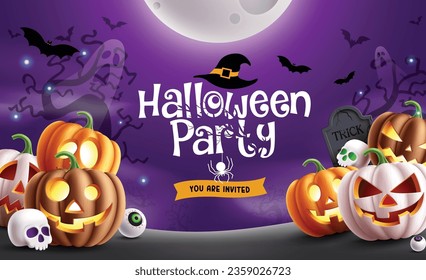 Halloween party text vector design. Halloween party invitation card in purple space with pumpkin lantern characters decoration elements. Vector illustration kids invitation card.