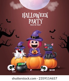 Halloween party text vector design. Halloween party trick or treat greeting with girl witch, ghost and kitten cat characters in creepy night background. Vector illustration horror invitation card 