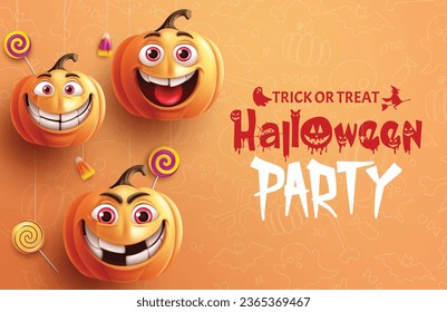 Halloween party text vector design. Halloween trick or treat invitation card with pumpkins smiling character elements in orange background. Vector illustration kids trick or treat party invitation 