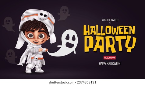 Halloween party text vector design. Halloween mummy character for trick or treat mascot costume kids night event invitation card background. Vector illustration horror party greeting card.
