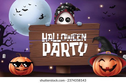 Halloween party text vector design. Halloween invitation card for kids trick or treat party, event and occasion celebration in moon night background. Vector illustration night event invitation card 