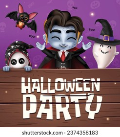 Halloween party text vector design. Halloween vampire, grim reaper and ghost costume characters for trick or treat kids night event celebration. Vector illustration invitation card in wooden template.