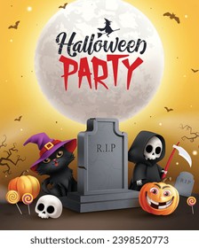 Halloween party text vector design. Halloween party invitation card with grim reaper, cat and pumpkins elements in full moon night cemetery background. Vector illustration greeting card design.
