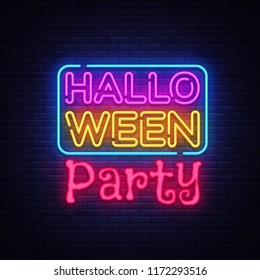 Halloween Party Text Vector. Happy Halloween neon sign, design template, modern trend design, night neon signboard, night bright advertising, light banner, light art. Vector illustration