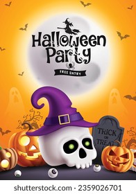 Halloween party text vector poster design. Halloween party invitation card with skull elements wearing witch hat, orange pumpkins in full moon graveyard background. Vector illustration horror party 