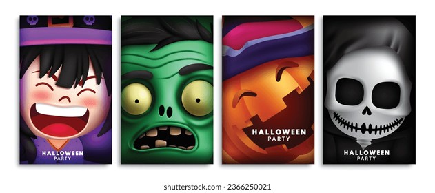 Halloween party text vector poster set design. Halloween party invitation card collection with witch, zombie, pumpkin and grim reaper characters. Vector illustration kids trick or treat postcard. 
