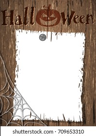 Halloween Party theme. Dark wooden background with cobwebs, pumpkin and space for your text. Vector illustration
