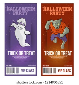 Halloween party ticket set design,with Halloween icon character cartoon style illustration and colour background