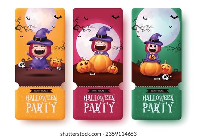 Halloween party ticket set vector design. Halloween party tags and sticker collection with cute witch character and pumpkin elements in graveyard background. Vector illustration party ticket lay out.
