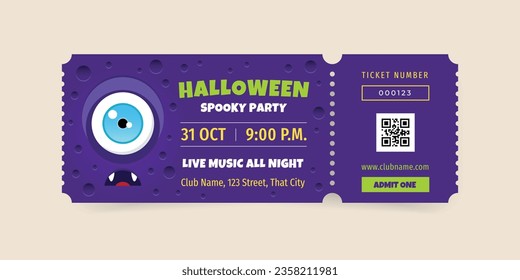 Halloween party ticket template. Illustration of a funny monster eye on a purple background. Vector 10 EPS.