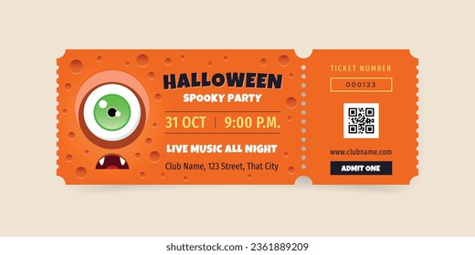 Halloween party ticket template. Illustration of a funny monster eye on an orange background. Vector 10 EPS.
