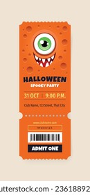 Halloween party ticket template. Illustration of a funny monster eye on an orange background. Vector 10 EPS.
