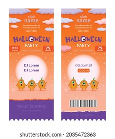 Halloween party ticket. Template. Joyful pumpkin characters on the background of the moon. Orange background. Smile, happiness. One-eyed monsters. A flat illustration made in the vector. Club party 