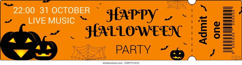 Halloween. Halloween party ticket template. Samhain. All Hallows' Eve. Black and orange colors. Pumpkins with faces.