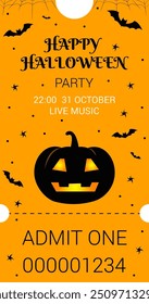 Halloween. Halloween party ticket template. Samhain. All Hallows' Eve. Black and orange colors. Pumpkins with faces.