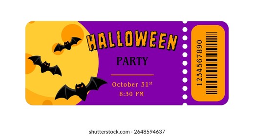 Halloween party ticket. Vector template for admission pass or invitation. Coupon with moon and bats