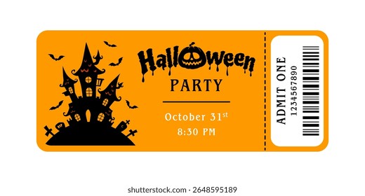 Halloween party ticket. Vector template for admission pass or invitation. Coupon with ghosts castle and bats