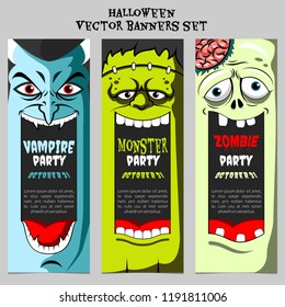 Halloween party tickets, banners and leaflets vector set