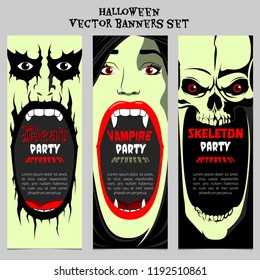 Halloween party tickets, banners and leaflets vector set