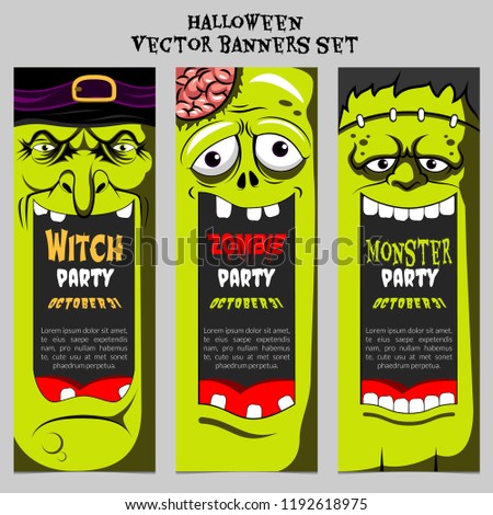 Halloween party tickets, banners and leaflets vector set