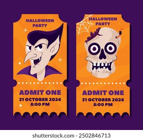 Halloween party tickets featuring a vampire and skull illustration.