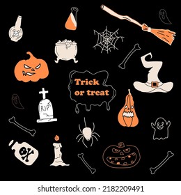 Halloween Party Traditional Doodle Icons Sketch Hand Made Design on a black background