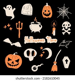 Halloween Party Traditional Doodle Icons Sketch Hand Made Design  on a black background