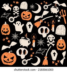 Halloween Party Traditional Doodle Icons Sketch Hand Made Design  on a black background