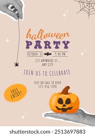 Halloween party trendy invitation. Vintage collage with halftone hands and Halloween symbols, pumpkin, spider. Vector design template. Retro poster