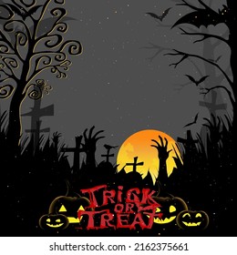Halloween Party with Trick or Treat Background with bat flying, zombie hand on graveyard in scary cemetery day with smiling pumpkins face, Vector banner backdrop for Autumn Holiday or Fall Sale