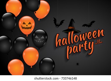 halloween party trick or treat balloons, witch hat, bats and spider web on black background decoration for poster, web, banner, sticker and card vector illustration