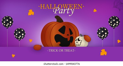 Halloween Party. Trick or treat. Boo. Holiday concept with ghost orange halloween pumpkin funny face, glitter black ghost balloon, spider web with big purple  signboard. vector illustration.