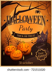 Halloween party trick or treat, free entrance, 31 october, invitation card for event, pumpkins and spiders, mood and house vector illustration