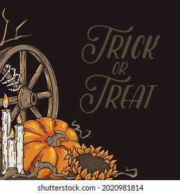Halloween party and trick or treat. Happy halloween or background with pumpkin for design poster, invitation and postcard. Holiday autumn composition for coupon and banner