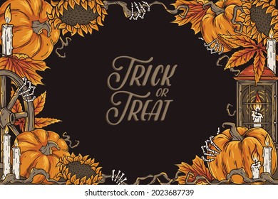 Halloween party and trick or treat. Happy halloween or background with pumpkin for design poster, invitation and postcard. Holiday autumn composition for coupon and banner
