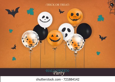 Halloween Party. Trick or treat. Holiday design with colorful balloons, falling leaves, halloween spider web, halloween bat for banner, poster, greeting card, party invitation. vector illustration.