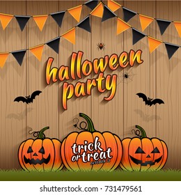halloween party trick or treat pumpkins, bats and spider web on wooden background decoration for poster, web, banner, sticker and card vector illustration