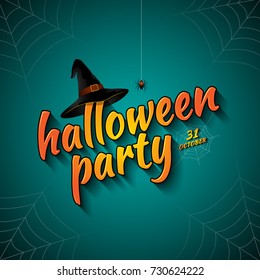 halloween party trick or treat witch hat and spider web on dark night background decoration for poster, web, banner, sticker and card vector illustration