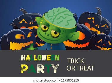 Halloween party trick or treat zombie banner design. Inscription with cartoon characters of zombie monster and pumpkins on blue background. Can be used for invitations and presentations. 