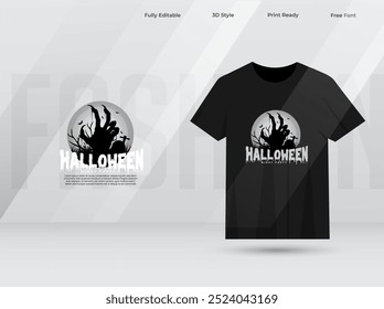 Halloween party t-shirt design black color. Happy Halloween t-shirt design with a ghost hand, grass, bats, and a tree. Happy Halloween print ready t-shirt design template. 