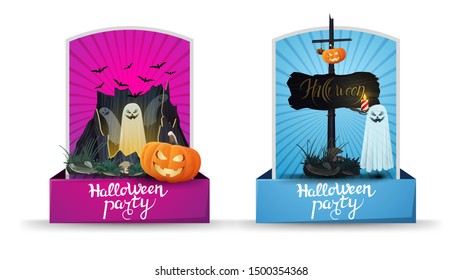 Halloween party, two greetings vertical cards with pumpkin Jack, witch's potion and Scarecrow. Blue and green greeting cards