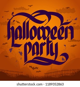 Halloween party typographical concept with violet letters on spooky background with bats flat vector illustration