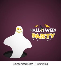 Halloween Party Typography with White Ghost over purple background. vector illustration