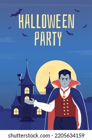 Halloween Party In Vampire Castle Flat Vector Banner Template. Gothic Decor. Spooky Horror Poster, Leaflet Printable Color Designs. Editable Flyer Page With Text Space. Bahiana Regular Font Used