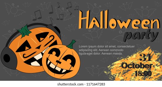 Halloween party. Vector background, banner, invitation. Invitation design, banner for Halloween party. Illustration of a cartoon pumpkin.