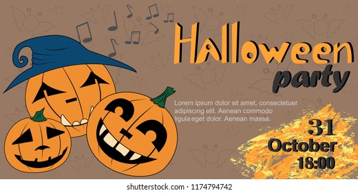 Halloween party. Vector background, banner, invitation. Invitation design, banner for Halloween party. Illustration of a cartoon pumpkin.