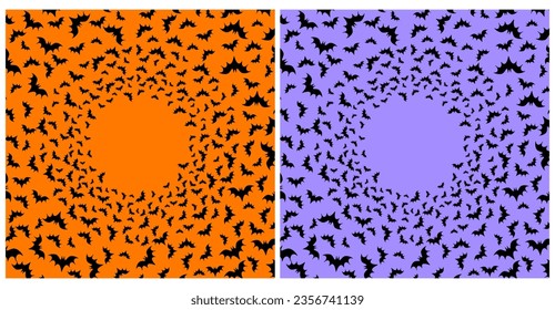 Halloween Party Vector Background with Black Flying Bats.Round Frame Made of Bats Isolated on a Violet and Orange Background. Halloween Layout with Copy Space ideal for Card, Banner, Flyer.RGB Colors.