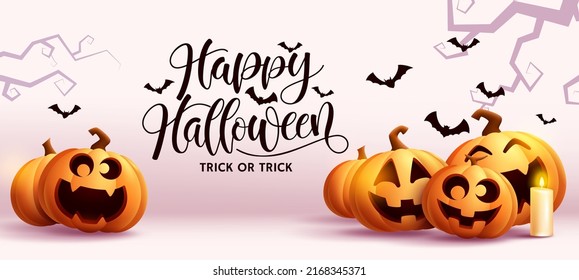 Diseño de fondo vectorial de fiesta de Halloween. Feliz texto de halloween con caras de calabaza lindas y graciosas en el patio para truco espeluznante o decoración de regalo. Ilustración vectorial.
